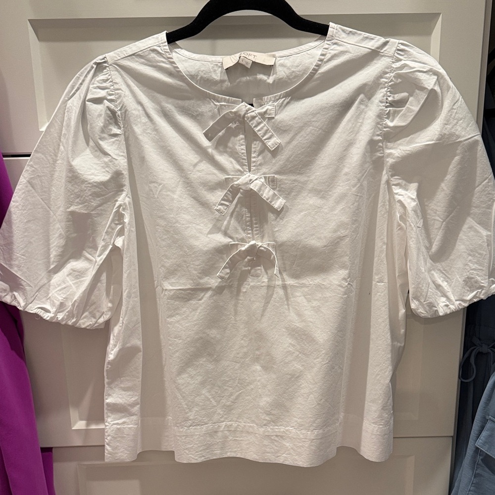 LOFT White Puff Sleeve Blouse with Bow Accents